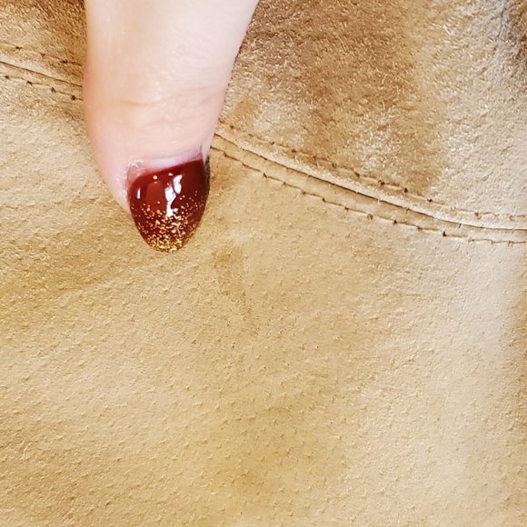 90s Y2K Suede Leather Jacket Faux Fur Leopard Collar Beige Penny Lane Sz Small - Picture 10 of 11